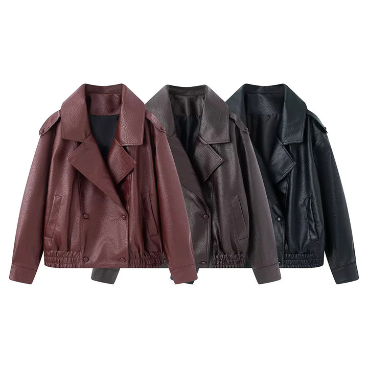 Damen kurzer Oversize Kunstleder-Blouson mit Schalkragen, Druckknopf-Doppelreihe und elastischem Saum – Célinea