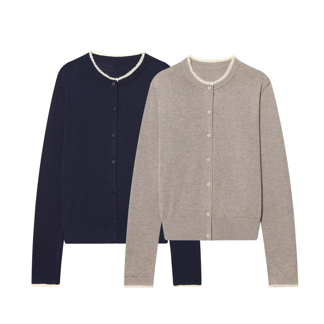 Damen Feinstrick-Cardigan mit Rundhals, Knopfleiste und Spitzenbesatz Echo Archiv