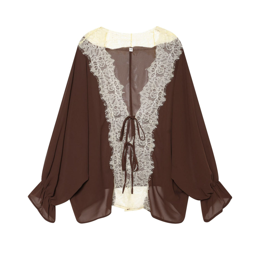 Damen Chiffonbluse mit tiefem V-Spitzeinsatz, lockeren Trompetenärmeln und Bindebändern – Élovi
