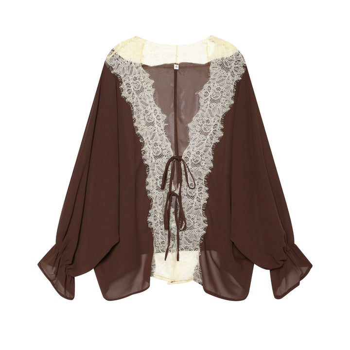 Damen Chiffonbluse mit tiefem V-Spitzeinsatz, lockeren Trompetenärmeln und Bindebändern – Élovi