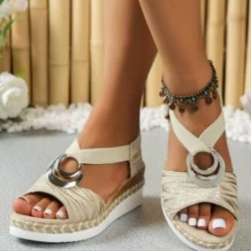 Damen Keilsandaletten Espadrille mit Bastsohle, elastischem Fersenriemen und Schmuckring Echo Archiv