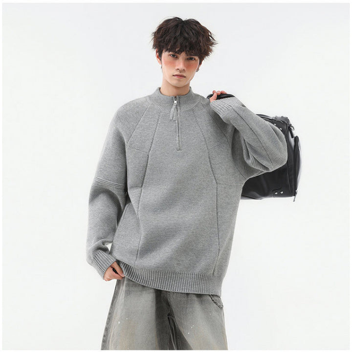 Herren Strick-Halbzip-Pullover mit Stehkragen und strukturierten Rippdetails Echoarchiv