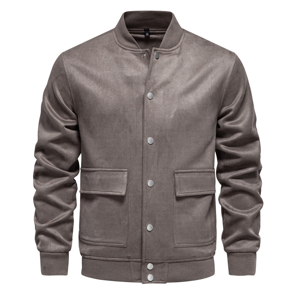 Herren nan Wildlederoptik-Collegejacke mit Druckknopfverschluss, Pattentaschen und geripptem Saum Echo Archiv