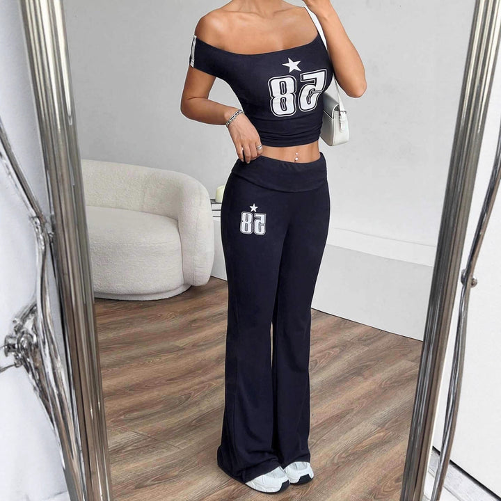 Damen Off-Shoulder Crop-Top und weite Hose Set Echo Archiv