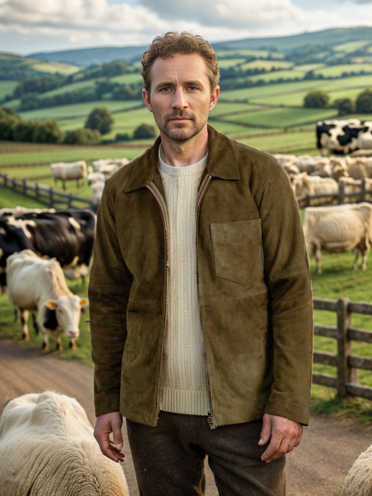 Herren Wildlederjacke mit modernem Stehkragen und praktischen Taschen Echoarchiv