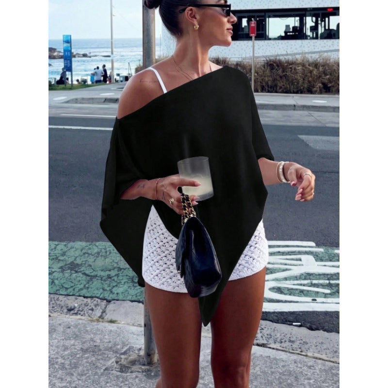 Damen Asymmetrisches Off-Shoulder Poncho-Top aus leichtem Strick Echoarchiv