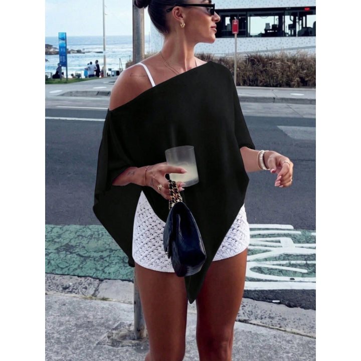 Damen Asymmetrisches Off-Shoulder Poncho-Top aus leichtem Strick Echoarchiv