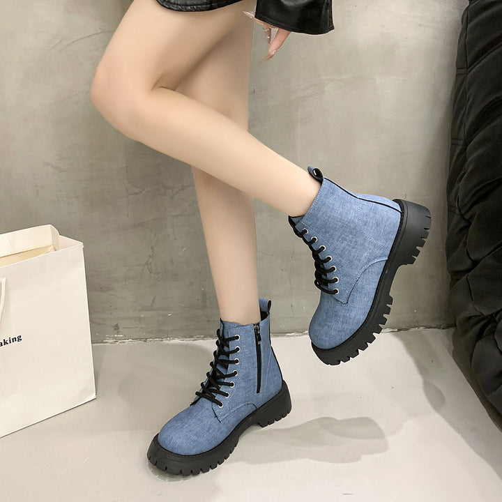 Damen Chunky Combat-Ankleboots aus Denimoptik mit robust profilierter Sohle und seitlichem Reißverschluss Echo Archiv