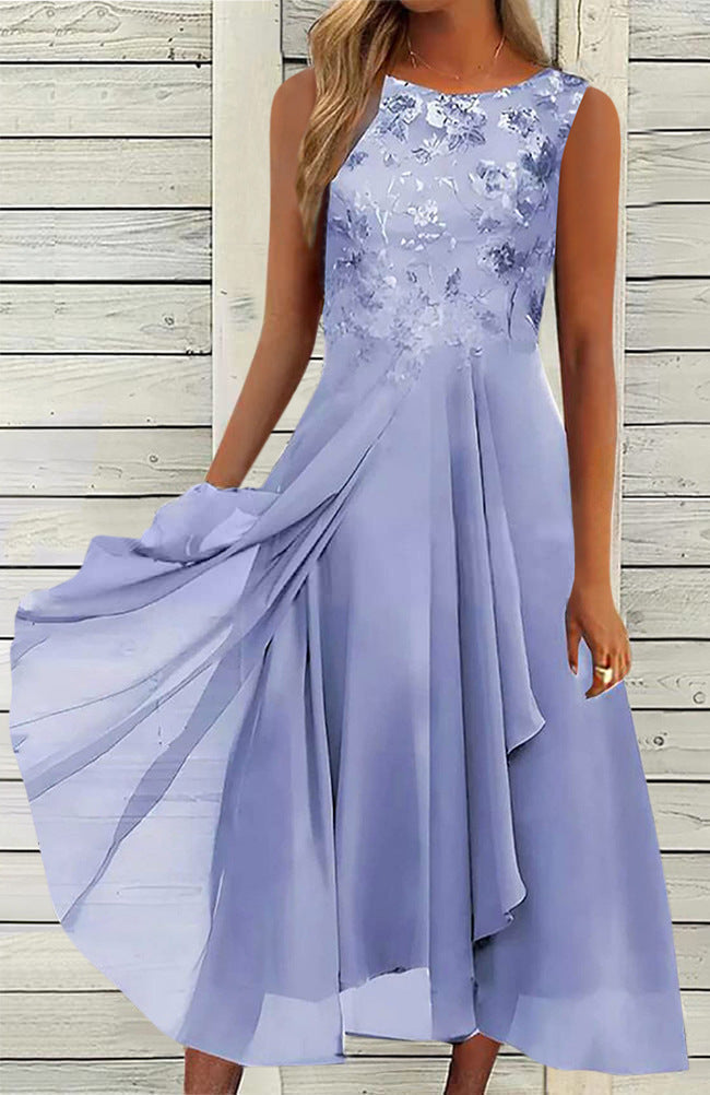 Damen nan ärmelloses Chiffon-Midikleid mit bestickter Brustpartie und asymmetrischem Lagenrock Echoarchiv