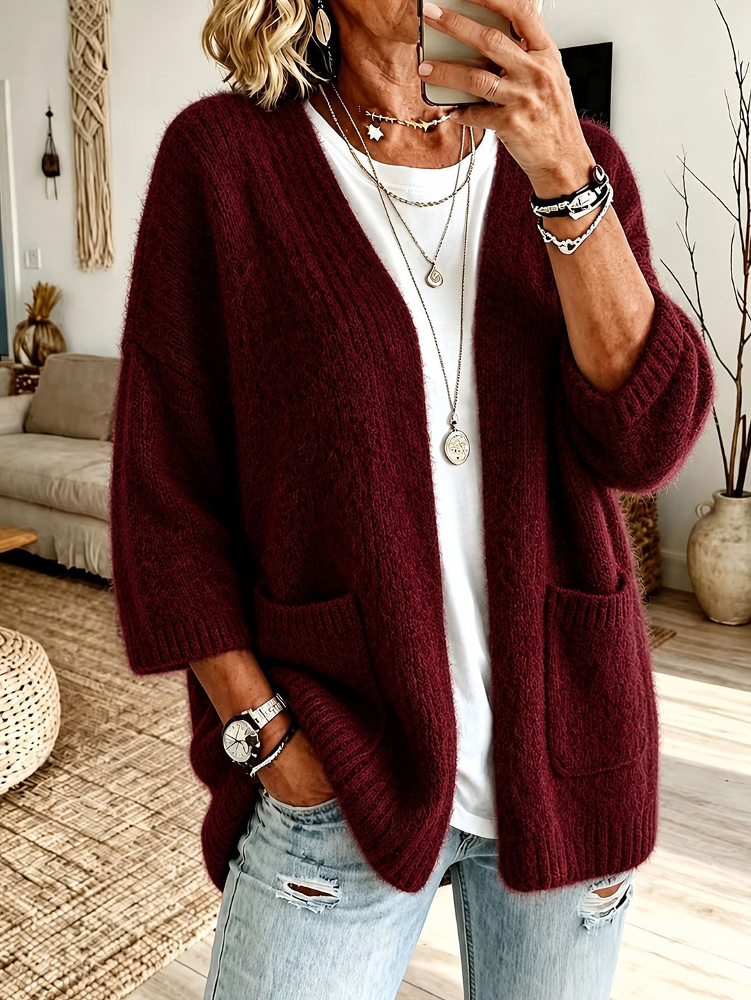 Damen Offener Longcardigan im Mohair-Look mit aufgesetzten Taschen und überschnittener Schulter – Veloura