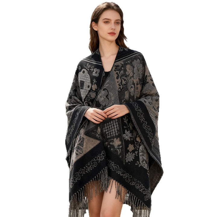 Damen Jacquard-Poncho mit Boho-Patchwork-Muster und Fransensaum Echo Archiv
