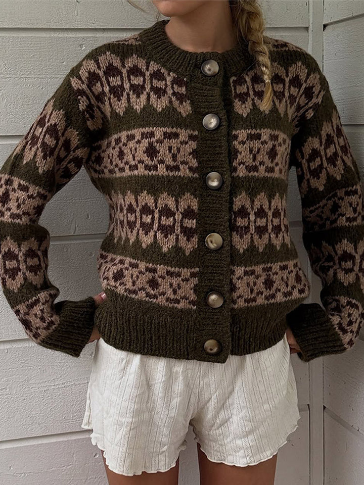 Damen Norwegermuster-Strickjacke mit Knopfleiste und geripptem Saum Echoarchiv