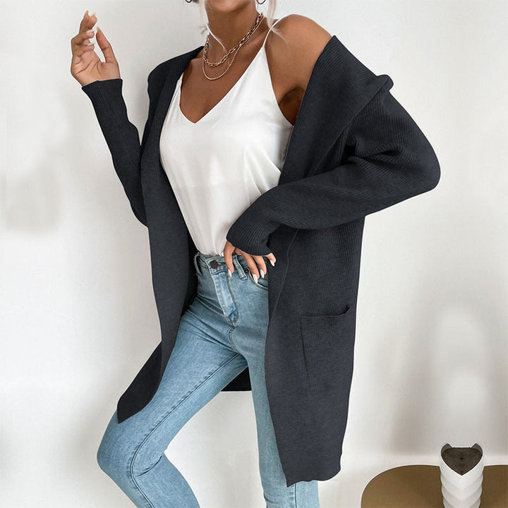 Damen Langer gerippter Cocoon-Cardigan aus leichtem Feinstrick mit Eingrifftaschen Echoarchiv