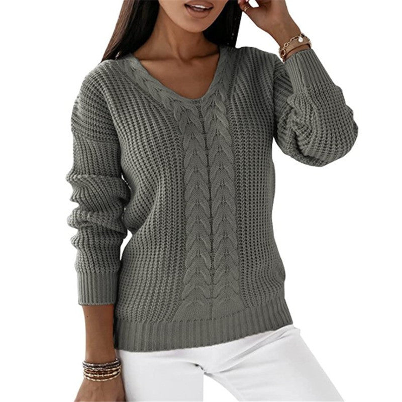 Damen nan grob gestrickter V-Ausschnitt Pullover mit Zopfmuster und lockerer Silhouette Echo Archiv