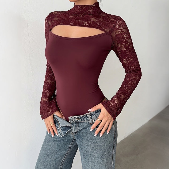 Damen Elegantes Spitzenoberteil mit Y-Ausschnitt und Volantärmeln Echo Archiv