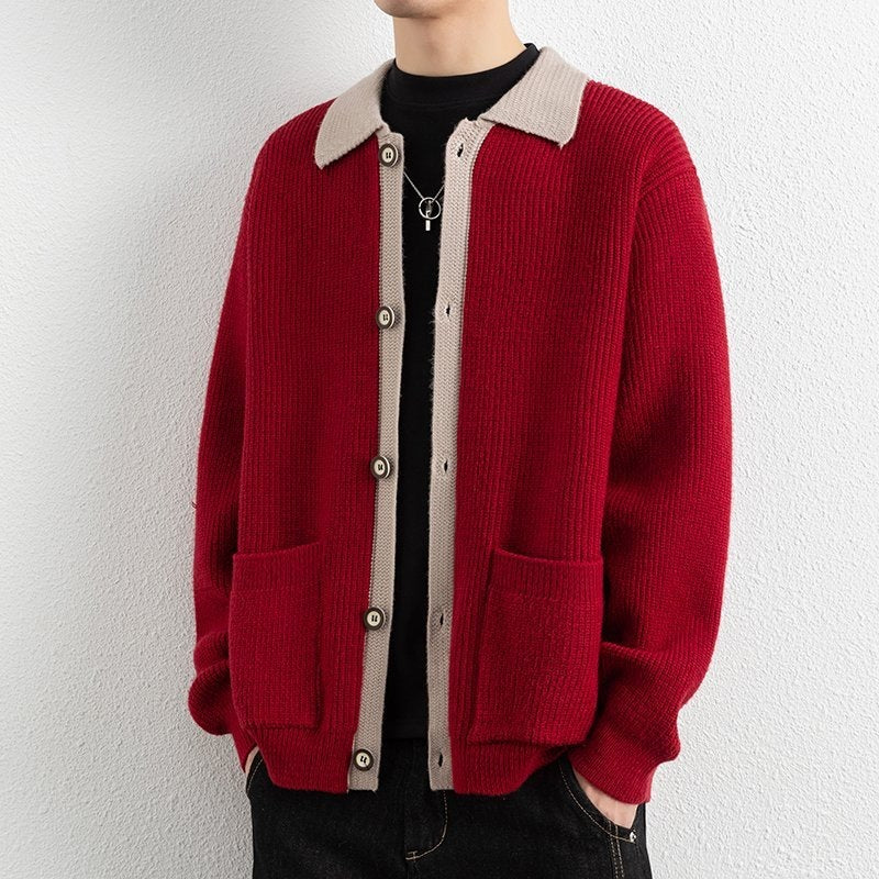 Herren Kontrastkragen-Strickjacke mit durchgehender Knopfleiste und aufgesetzten Taschen Echo Archiv