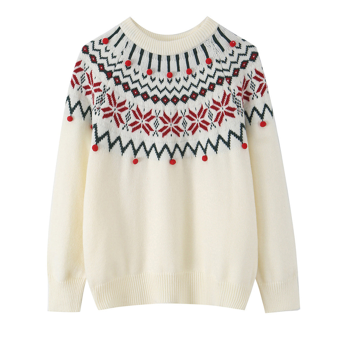 Damen nan Norwegerpullover mit Rundhalsausschnitt, jacquardgestricktem Muster und dekorativen Bommelapplikationen Echo Archiv