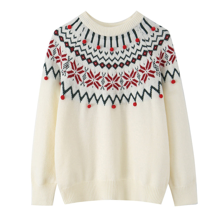Damen nan Norwegerpullover mit Rundhalsausschnitt, jacquardgestricktem Muster und dekorativen Bommelapplikationen Echo Archiv