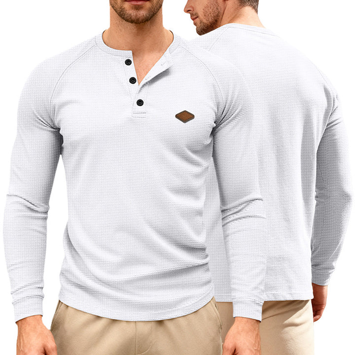 Herren nan Waffelstrick-Henley Langarmshirt mit Raglanärmeln, Halbknopfleiste und Lederlabel Echo Archiv