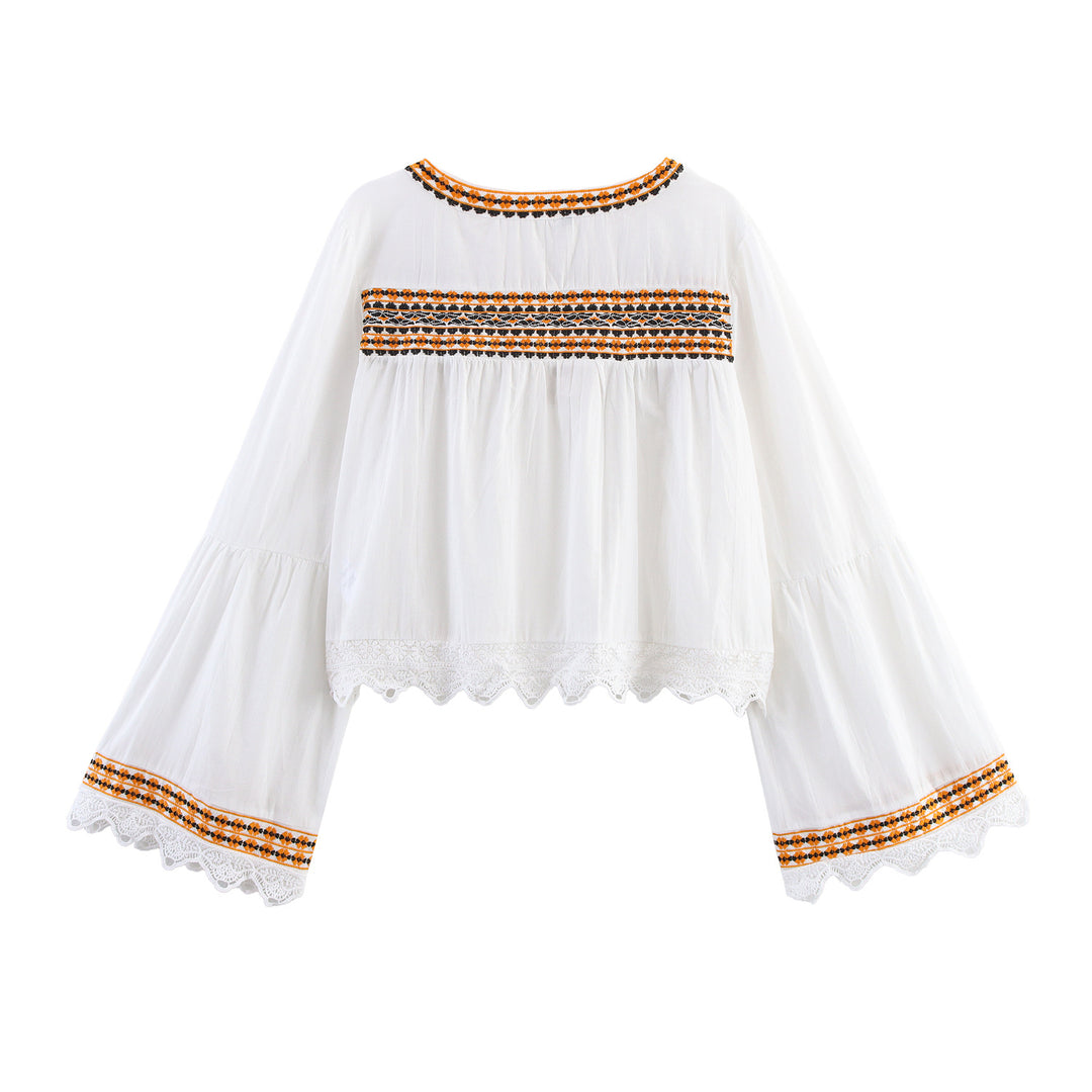 Damen Bestickte Boho-Bluse mit weiten Glockenärmeln und Spitzensaum Echoarchiv