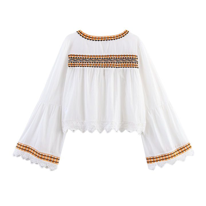 Damen Bestickte Boho-Bluse mit weiten Glockenärmeln und Spitzensaum Echoarchiv