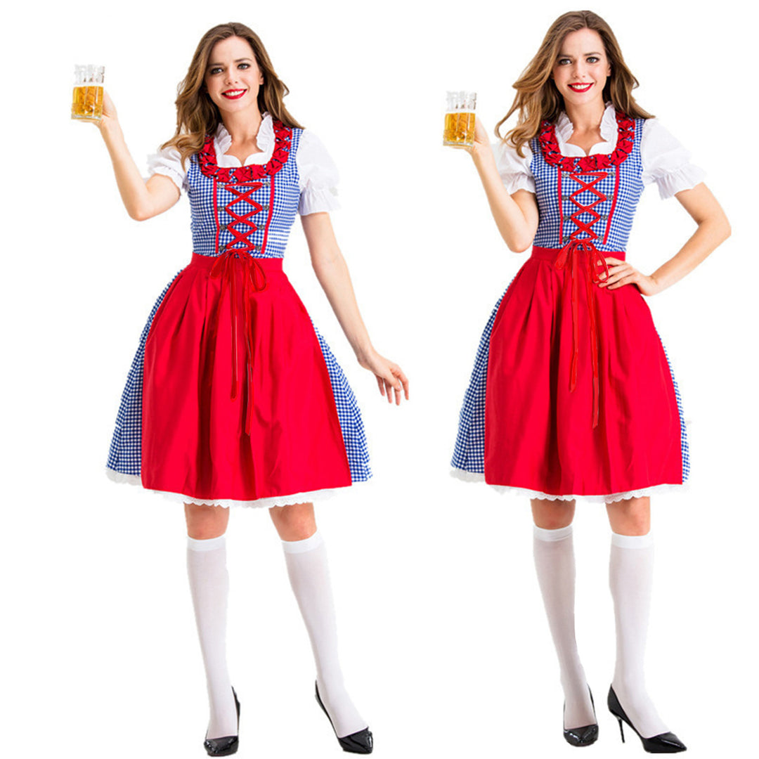 Damen nan Karo-Dirndl mit geschnürter Miederfront, Rüschenkragen und taillierter Schürze Echo Archiv