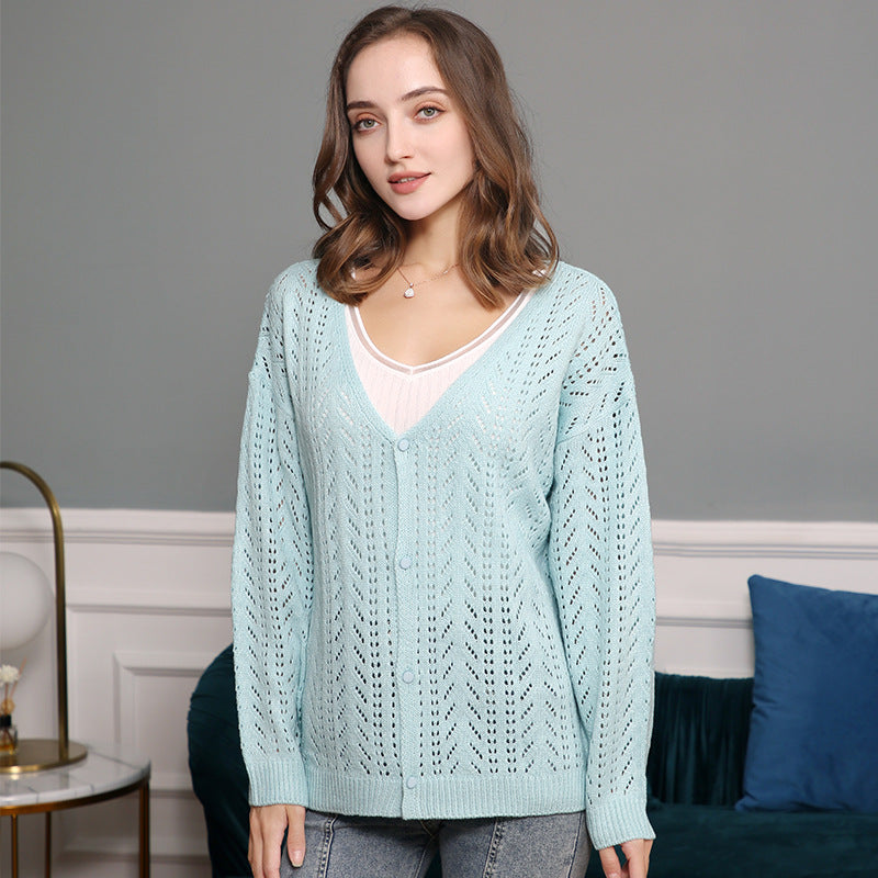 Damen Leichte Ajour-Strickjacke mit tiefem V-Ausschnitt und Knopfleiste Echo Archiv