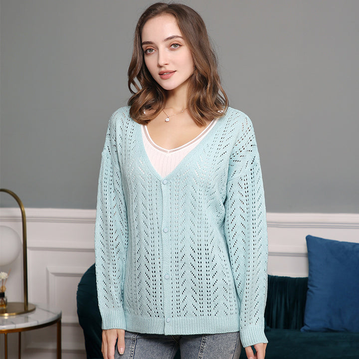 Damen Leichte Ajour-Strickjacke mit tiefem V-Ausschnitt und Knopfleiste Echo Archiv