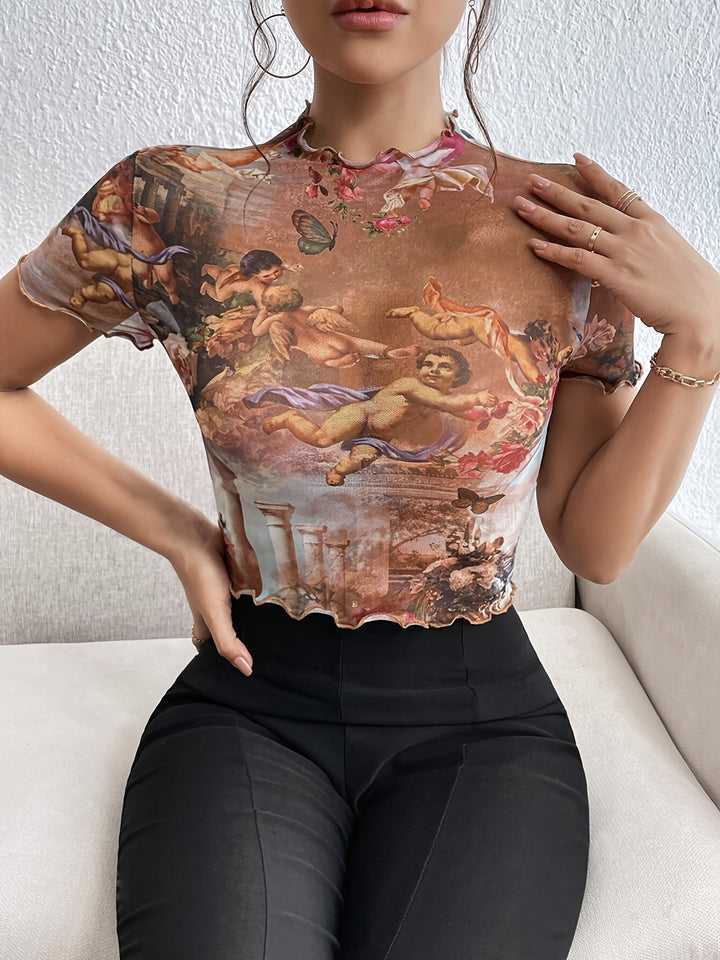 Damen nan figurnahes transparentes Mesh-Top mit barockem Engeldruck, Stehkragen und Kräuselsaum Echo Archiv