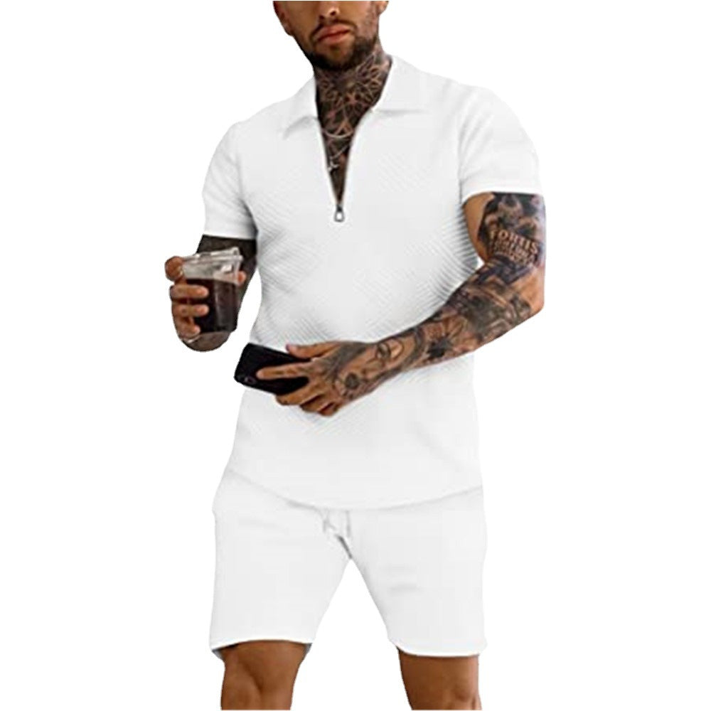 Herren Kurzarm-Poloshirt mit diagonalen Strukturmustern und modischem Reißverschluss Echoarchiv