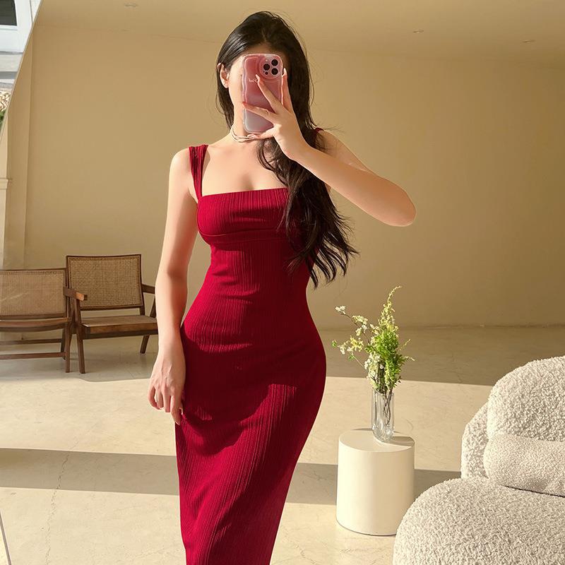 Damen figurbetontes Maxi-Kleid mit quadratischem Ausschnitt und Rippstruktur Echo Archiv