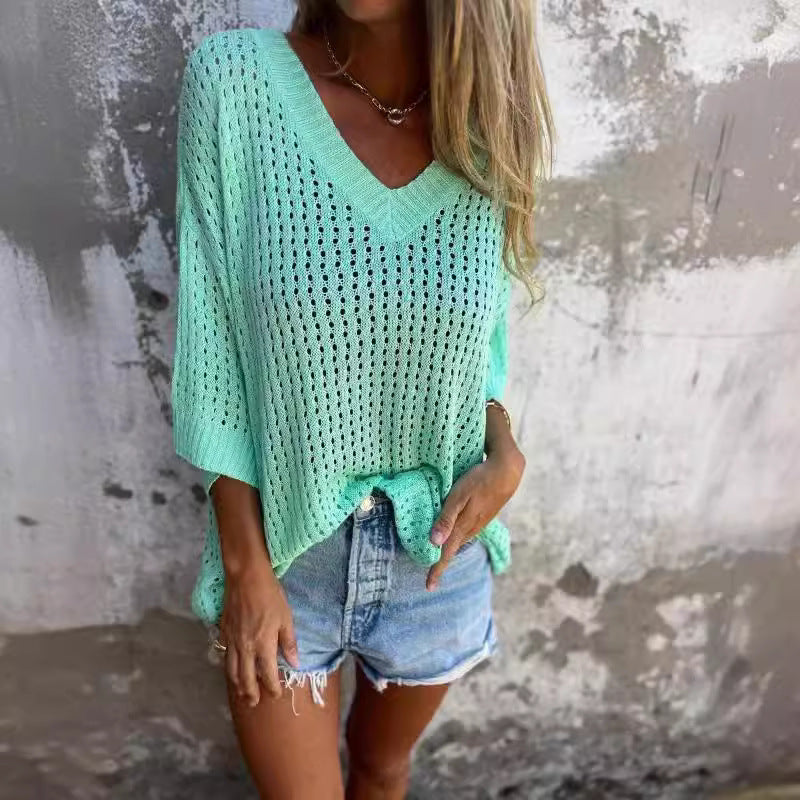 Damen nan luftig gestrickter V-Ausschnitt Pullover im Oversize-Schnitt Echo Archiv