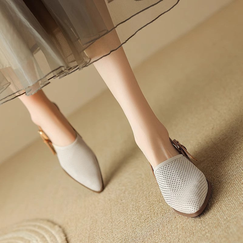 Damen Spitz zulaufende Slipper mit Fersenriemen, perforiertem Obermaterial und bequemem Blockabsatz – Lioré