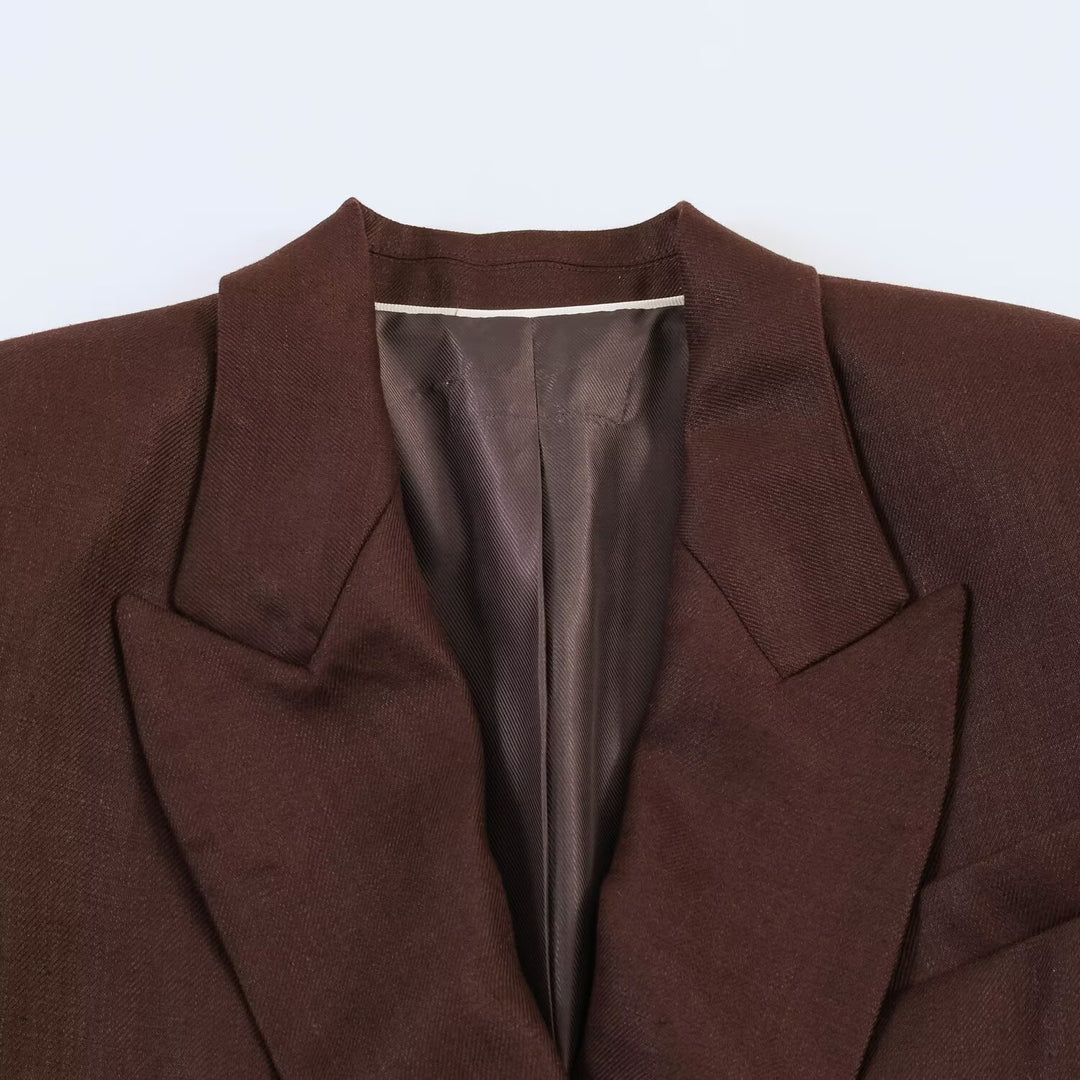 Damen Doppelreihiger Leinenblazer mit Peak-Revers und aufgesetzten Pattentaschen Echoarchiv