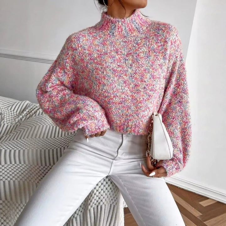 Damen Kurzgeschnittener Oversize-Pullover mit Stehkragen, mehrfarbigem Bouclé-Muster und Ballonärmeln – Mavelle