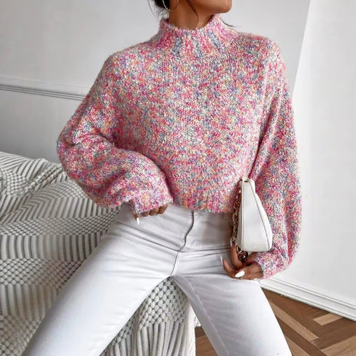 Damen Kurzgeschnittener Oversize-Pullover mit Stehkragen, mehrfarbigem Bouclé-Muster und Ballonärmeln – Mavelle
