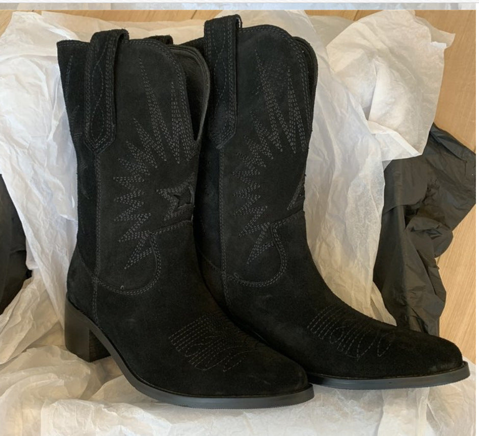 Damen nan Wildleder Westernstiefel mit spitzer Kappe und mittelhohem Blockabsatz Echo Archiv