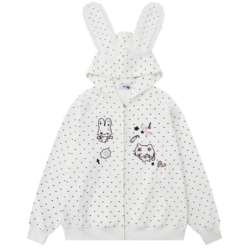 Damen Kapuzensweatjacke im Cozy-Kawaii‑Stil mit 3D-Ohren, Allover-Pünktchen und Frontreißverschluss Echoarchiv