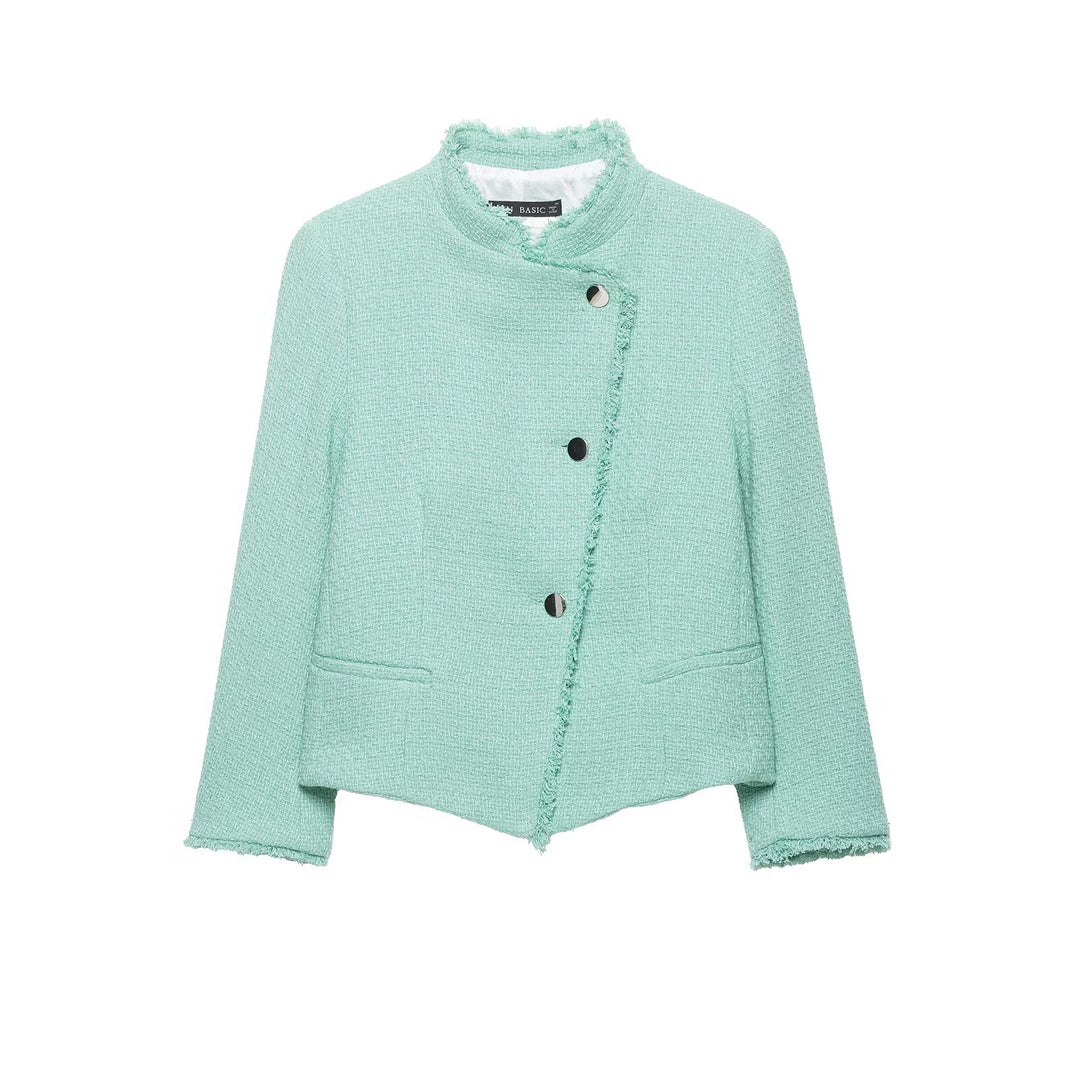 Damen Kurz geschnittene Bouclé-Tweedjacke mit Fransenbesatz und asymmetrischer Knopfleiste Echo Archiv
