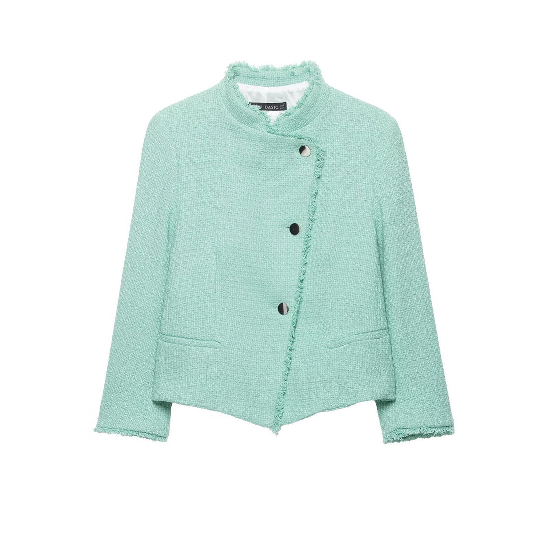 Damen Kurz geschnittene Bouclé-Tweedjacke mit Fransenbesatz und asymmetrischer Knopfleiste Echo Archiv