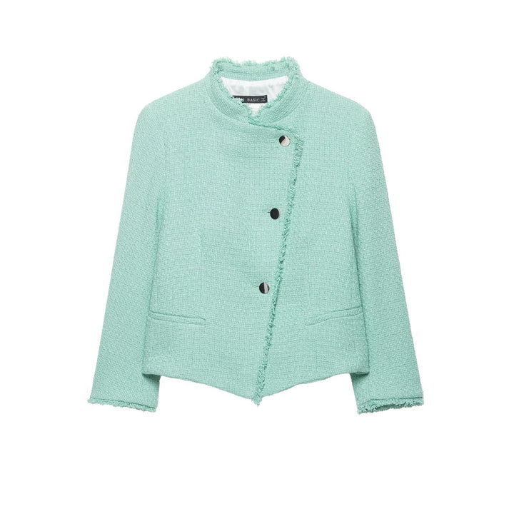 Damen Kurz geschnittene Bouclé-Tweedjacke mit Fransenbesatz und asymmetrischer Knopfleiste Echo Archiv