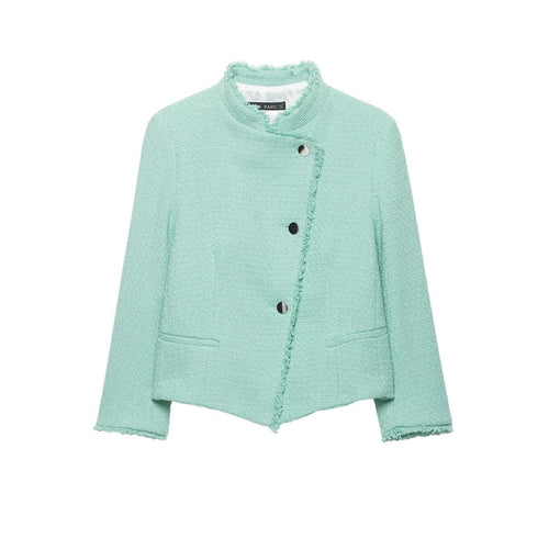Damen Kurz geschnittene Bouclé-Tweedjacke mit Fransenbesatz und asymmetrischer Knopfleiste Echo Archiv