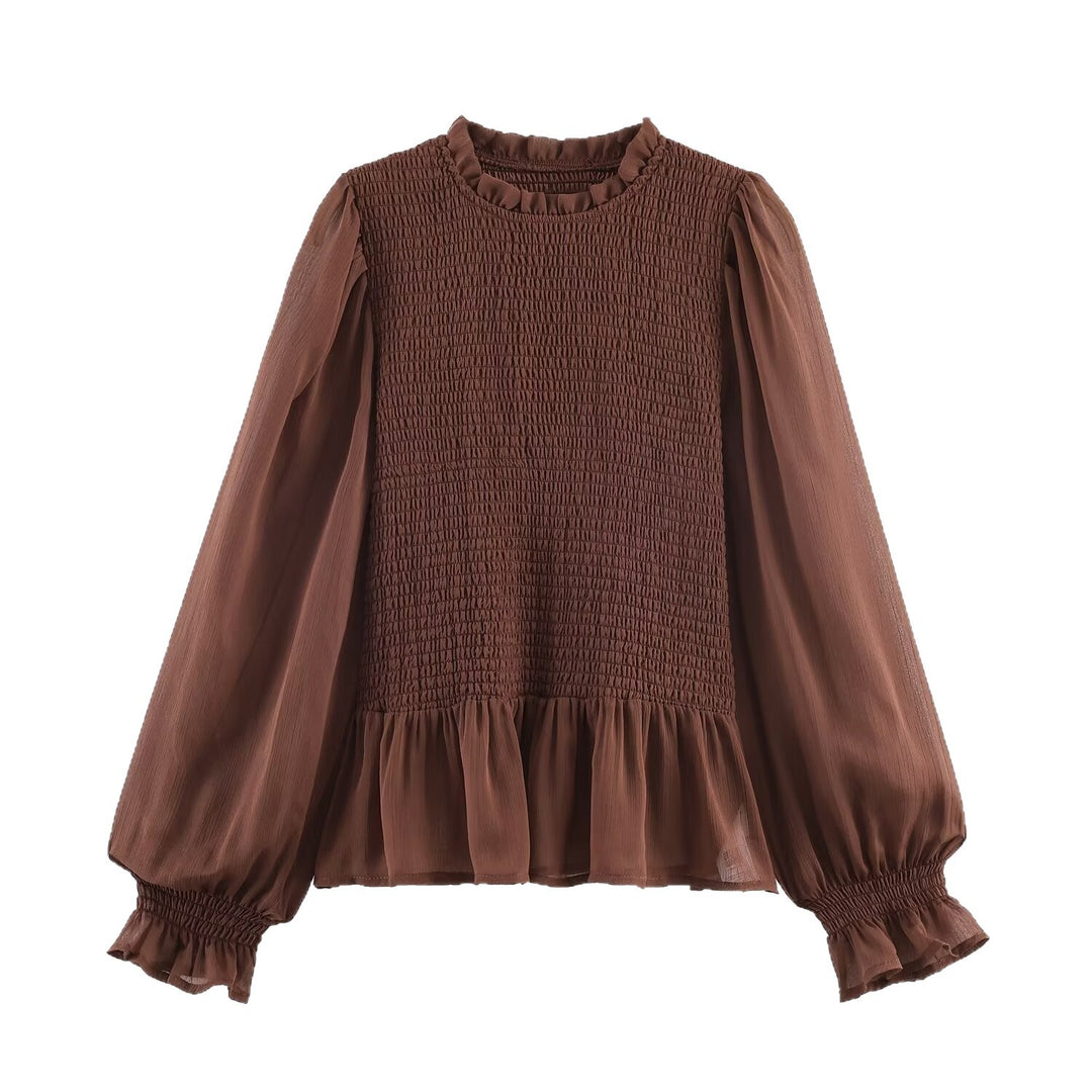 Damen Chiffonbluse mit Smokoberteil, voluminösen Ballonärmeln und Rüschenkragen Echoarchiv