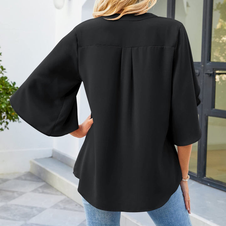 Damen Elegante Bluse mit V-Ausschnitt und fließenden Volant-Ärmeln – Avérine