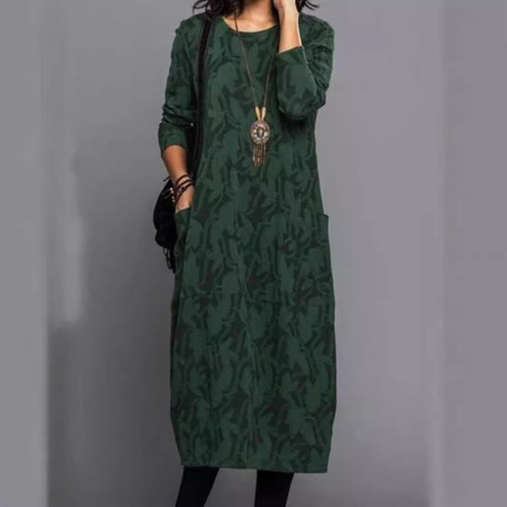 Damen nan locker geschnittenes Midikleid aus Feinstrick mit Ton-in-Ton-Jacquard, Rundhalsausschnitt und seitlichen Eingrifftaschen Echo Archiv