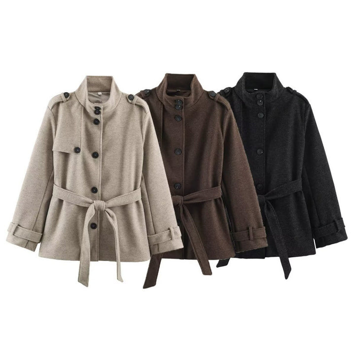 Damen kurze taillierte Manteljacke aus Wollmix mit Stehkragen, Schulterpatten und Bindegürtel Echo Archiv