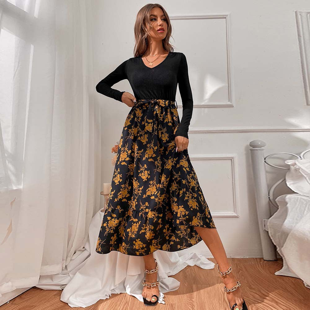 Damen figurbetontes V-Neck-Longsleeve Oberteil mit voluminösem Midi-Rock im floralem Wickelstil – Élara