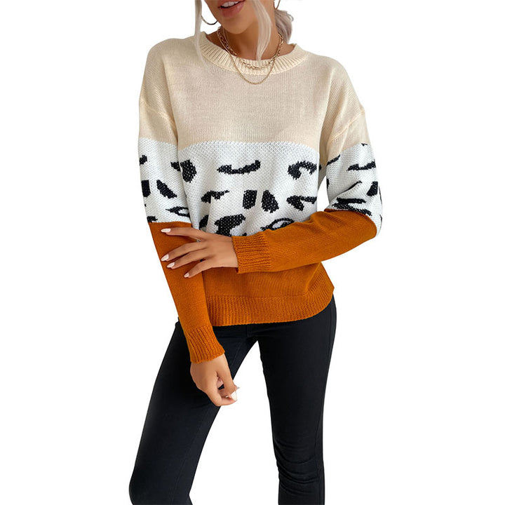 Damen Colorblock Strickpullover mit Leopardenmuster, Rundhals und lässiger Passform Echoarchiv