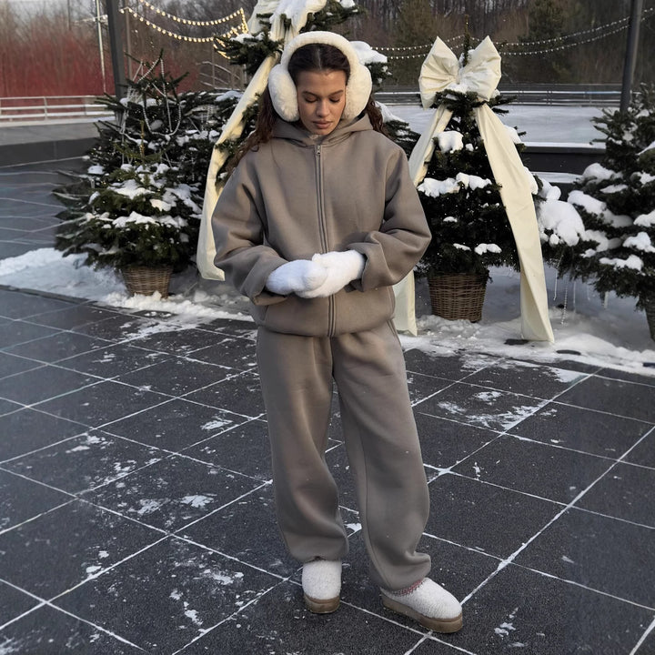 Damen Komfort-Kapuzen-Zipjacke mit verdecktem Reißverschluss, Kängurutasche und gerader Sweat-Hose – Auréline