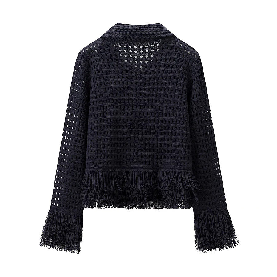 Damen nan gehäkelte Lochstrick-Cardigan mit Fransenbesatz und kastiger Silhouette Echo Archiv